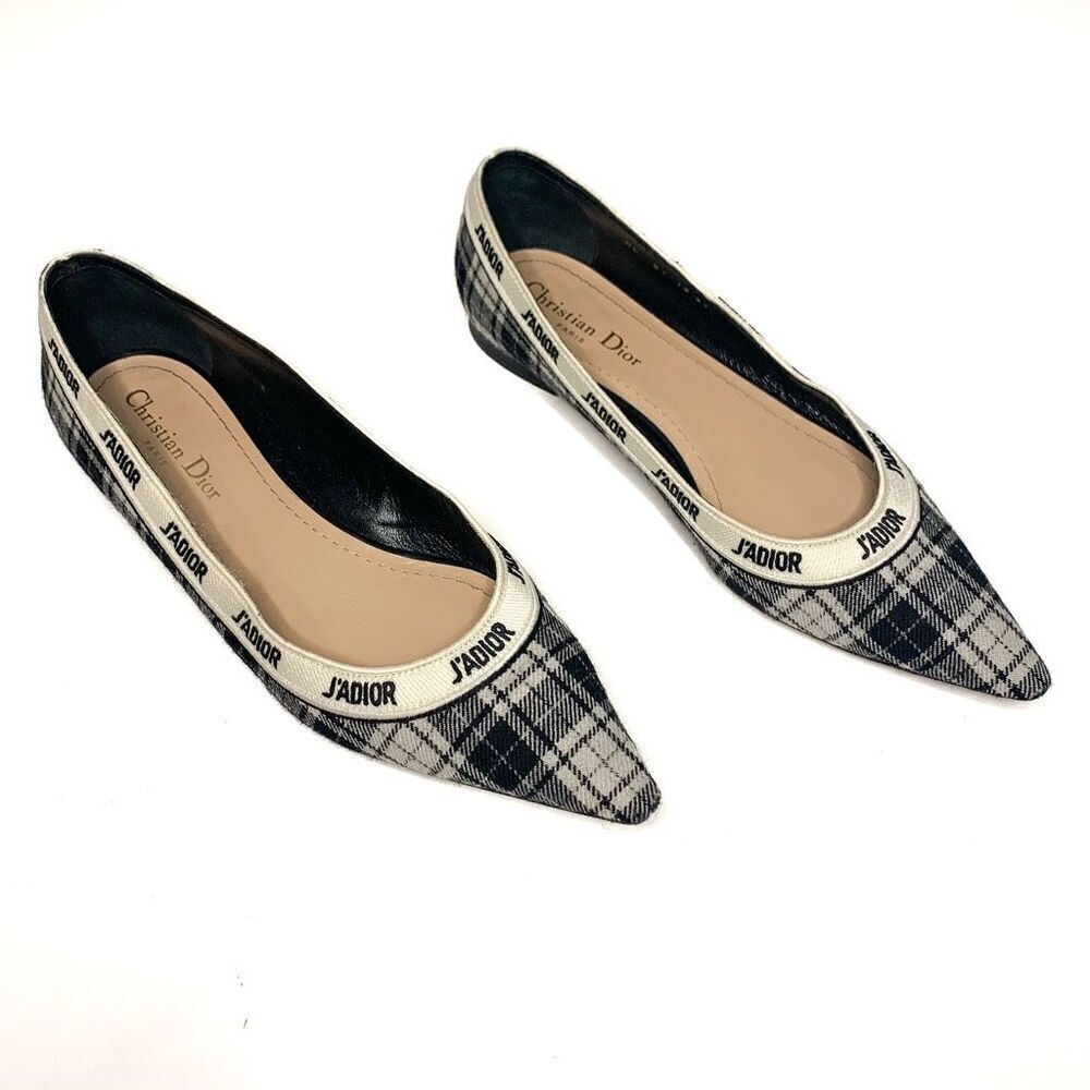 Dior J'Adior Tartan Print Wool Pointed Flats Logo Ribbon Trim EU 39 US 9 Black